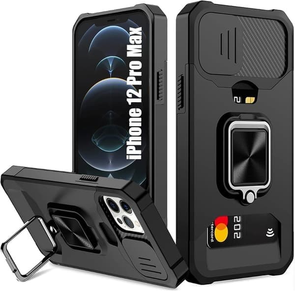 Telefondeksel til iPhone 12 Pro Max-6.7in, kortholder, ringholder, støtte iPhone 12 Pro Max-6.7in
