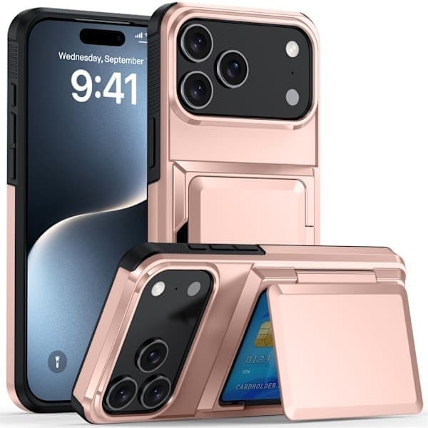 Lompakkopuhelinkotelo iPhone 17 Prolle, korttipidike, vaaleanpunainen pink iPhone 17 Pro