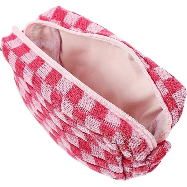 Ternmønstret makeuptaske i uldgarn med lynlås, toilettaske til piger, lyserød pink