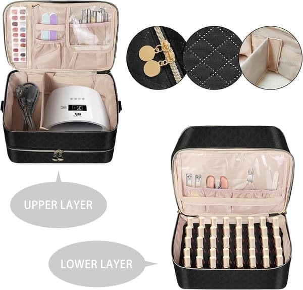 Stor nagellacksförvaringsväska Dubbla lager sminktillbehör Nagelfodral Organizer 40 flaskor (15 ml)