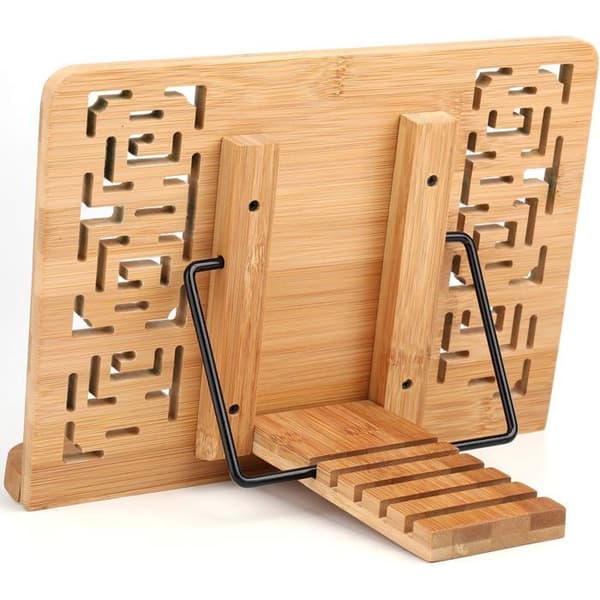 Bokställ i bambu med elegant ihålig retrodesign, justerbart bokställ för kök, kontor, böcker, surfplatta och PC