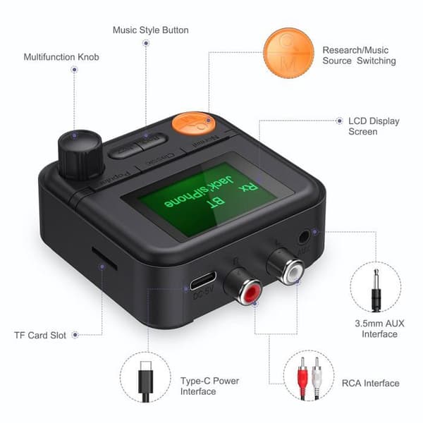 Bluetooth-sender/mottaker, HiFi Bluetooth-lydadapter med skjerm, trådløs lydadapter for strømming av lydsystem