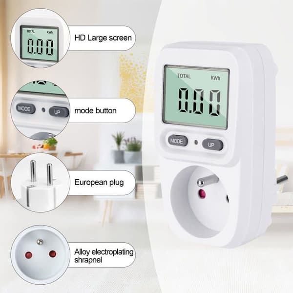 Standard plug-in wattmeter - 3680W maks. - Måler V/W/kWh/Hz - Strømafbrydelsesbackup