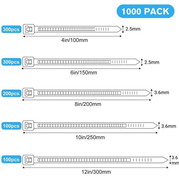 Kabelbindere, pakke med 1000 - 94V-2 flammehæmmende nylon - 5 størrelser (100-300mm) - Sort