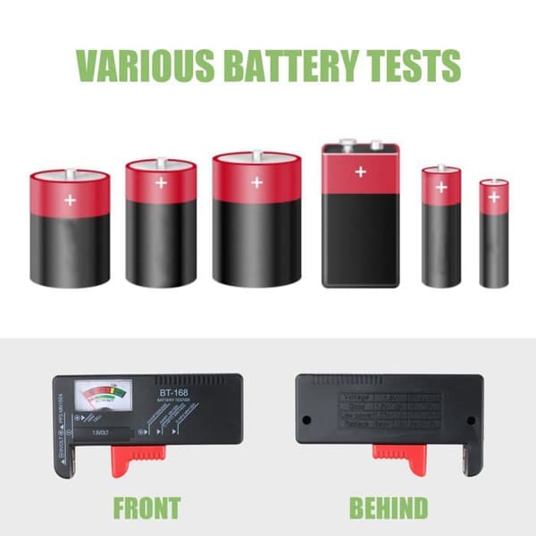 Universal batteritester - analog for AA AAA CD 9V og knappebatterier, fungerer uten batterier