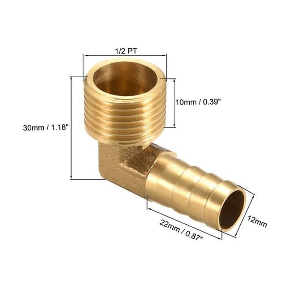 90° hullingkoppling, 12 mm hulling x 1/2\" utvändig G-gänga - Mässing - 2-pack - Pneumatisk användning