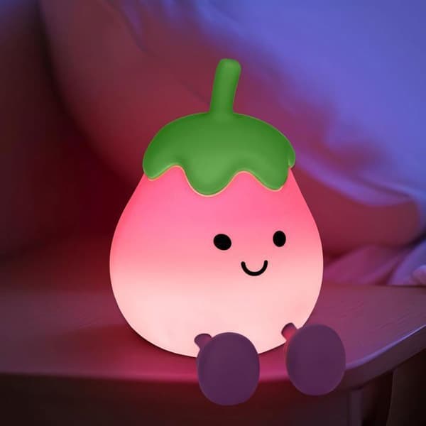 Aubergine nattlys for barn, Kawaii nattlys for barn med timerfunksjon, oppladbart silikon nattlys for barn