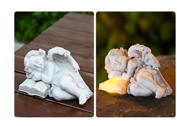 Udendørs haveskulptur af en solbeskinnet englestatue, velegnet til landskabet og haven.