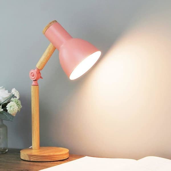 Klassisk design LED-leselampe i tre med svingbare trearmer, E27-sokkel, rosa