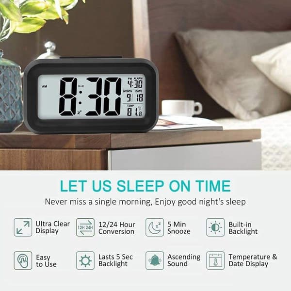 Digital vekkerklokke med stor LED-skjerm - Tid/Dato/Temperatur - 5-minutters slumrefunksjon - Sensorlys