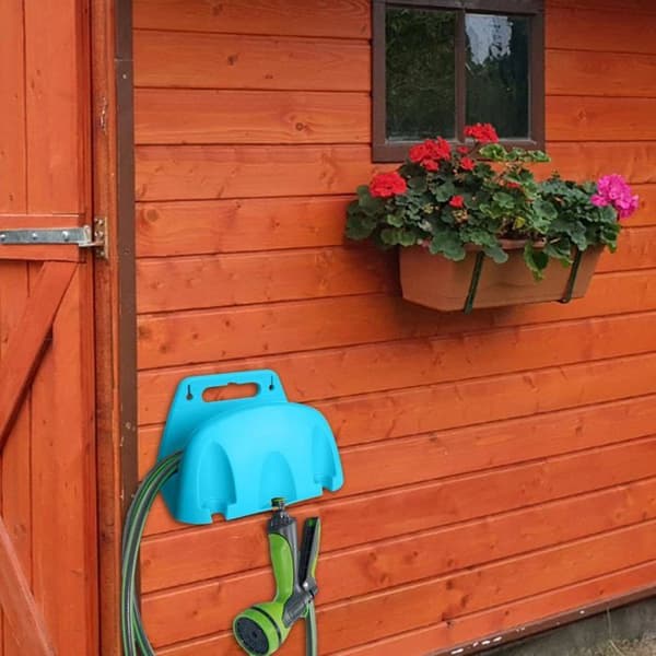 Blå väggmonterad slangvinda - väggmonterad hållare för trädgårdsslang (slang ingår ej), trädgårdsförvaring