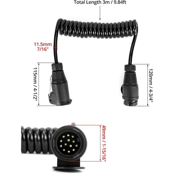 3-meter forlængerkabler til trailere - 13 til 13-polet trailerstikadapter - til campingvogn, lastbil, autocamper, traktor