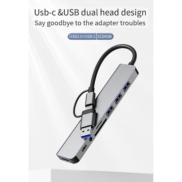 USB-dockingstation, 8-i-1-hub, med PD100W, SD/TF, Audio 3.5, 4 USB-porte, til bærbare computere, T