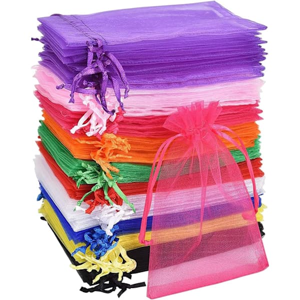 100 flerfarvede organza gaveposer, 10x15cm