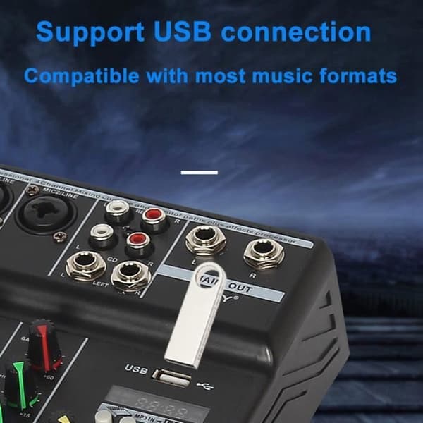 Professionell 4-kanals bärbar Bluetooth-ljudmixer DJ-konsol med reverb-effekt för karaoke USB