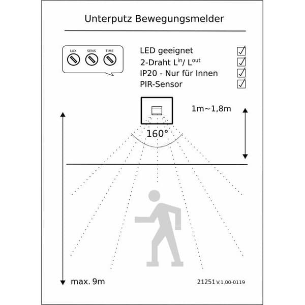 PIR Bevægelsesdetektor - Standardmodel - 9m Rækkevidde - Vægmontering - 1-200W