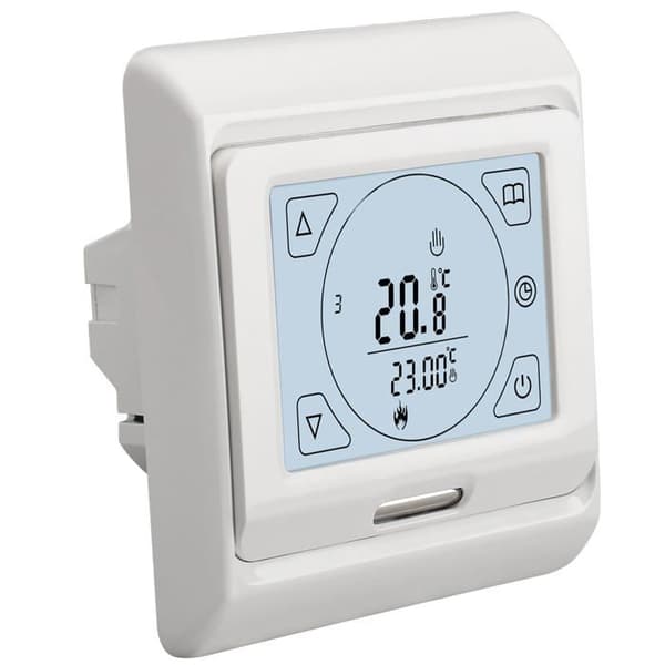 7-dagers programmerbar LCD romtermostat, 230V 16A, for elektrisk gulvvarme - hvit