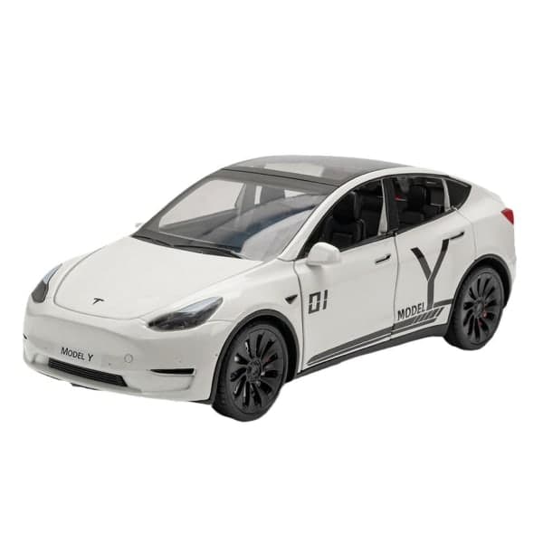 Legetøjsbil i legering til Tesla Model Y, Model Y med lyd og lys, hvid