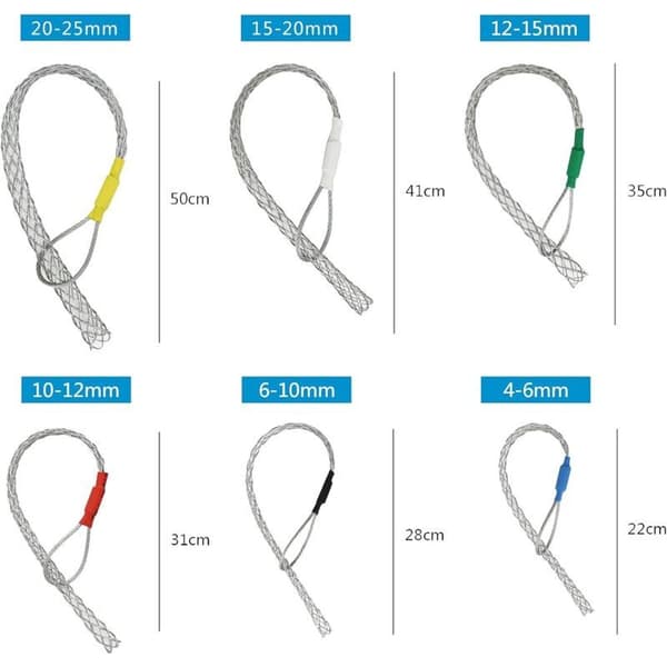 Sæt med 6 galvaniserede stålkabeltrækstrømper – Diameter 4-25 mm – Til hurtig trækning i rør – Letvægts og holdbar