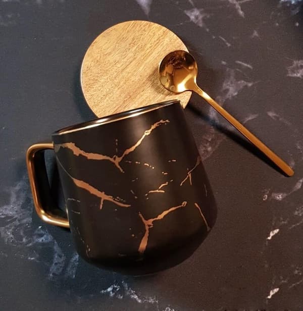 Porcelæns Tekop Kaffekrus Sæt til Eftermiddagste - Marmormønster Sort Høj