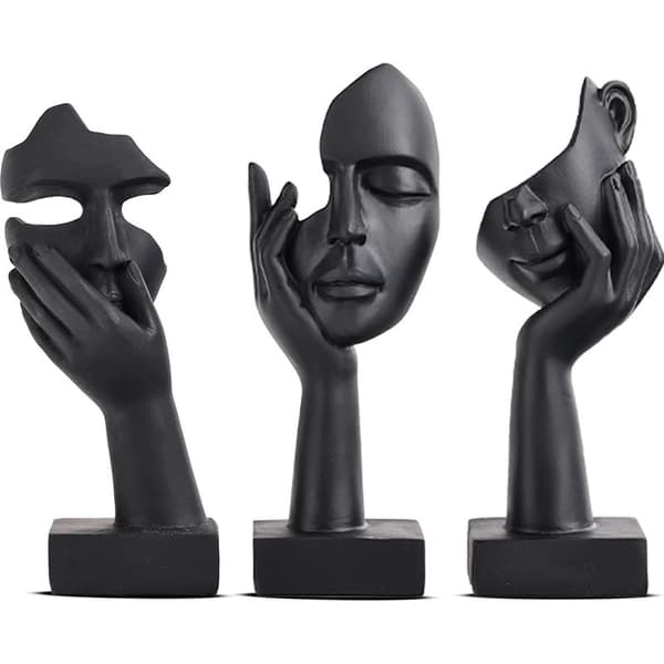Sæt med 3 sorte statuer til boligindretning - Kvindens ansigt - Samlerstatue til moderne hjem