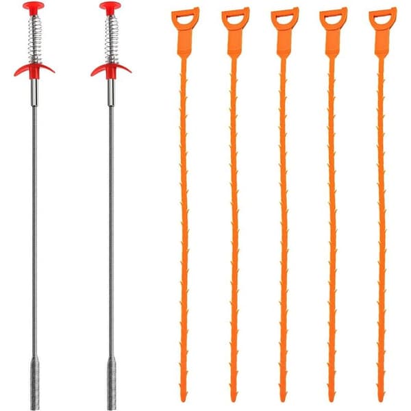 Sæt med 7 afløbsrenseværktøjer, 20 tommer / 60 cm afløbsrensere, hårfjernelsesværktøjer, 2 rustfrit stål og 5 plastik
