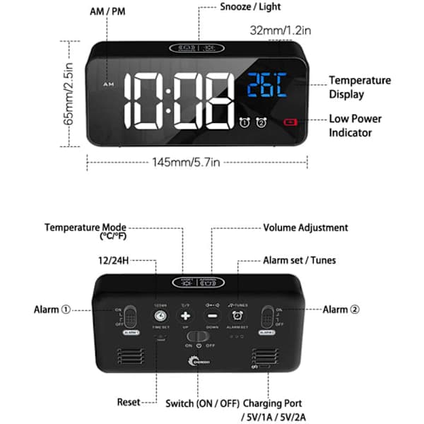 Väggklocka med AC-ström, batteridriven digital klocka med temperaturdisplay, snooze, dubbla larm för sovrum