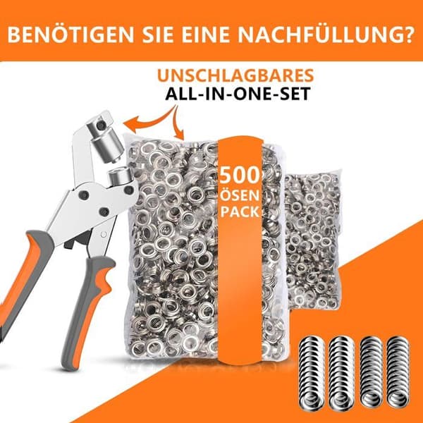 Professionel øjetang + 500 øjer Ø10 mm - manuel klemmetang, forkromet stål