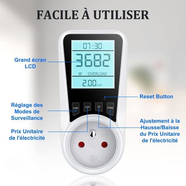 Stikdåse-wattmeter - LCD-energimåler, 7 tilstande, 90-dages hukommelse, 3680W/16A beskyttelse