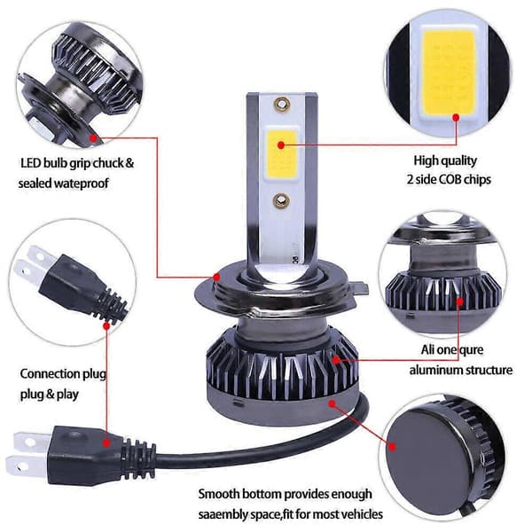 2 stk H7 Mini Gyldengule 3000K LED frontlyspærer Hi-Low Beam tåkelys 160W