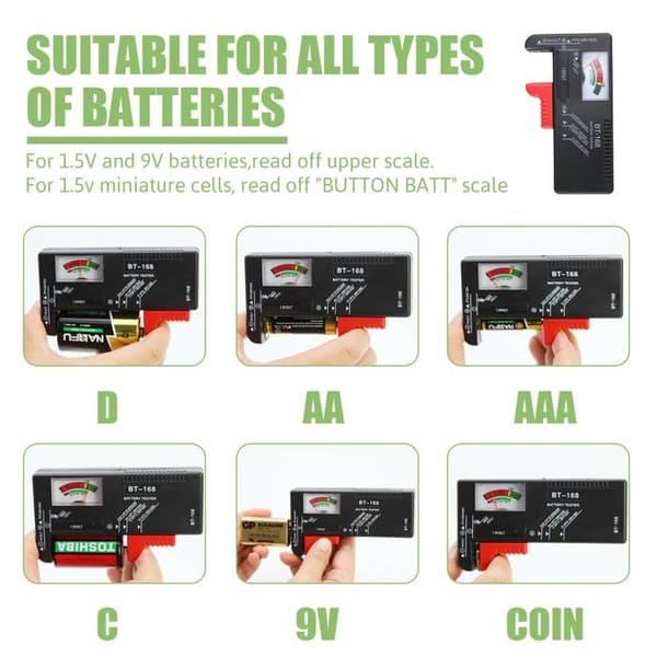 Universal batteritestare - analog för AA AAA CD 9V och knappcellsbatterier, fungerar utan batterier