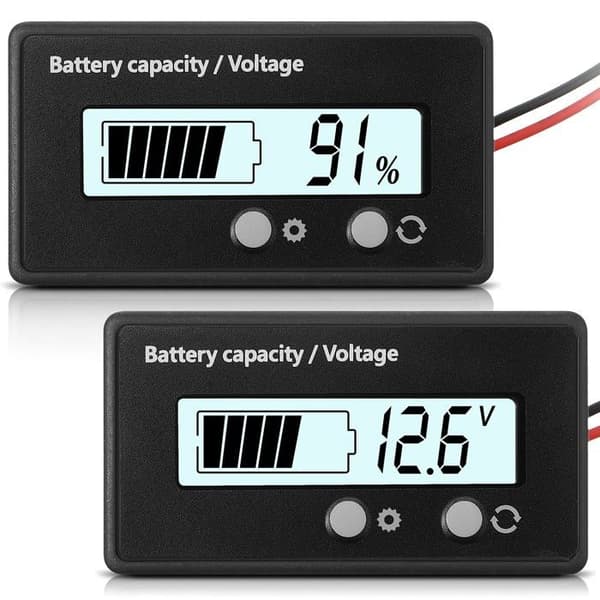 12V–84V Batterivoltmeter/måler med hvid LCD, alarm og baggrundsbelysning - Til bly og lithium