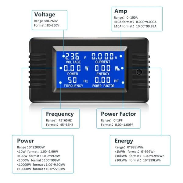 6-i-1 Digital Amperemeter/Voltmeter LCD AC 80-260V 0-100A Strøm kWh Frekvens