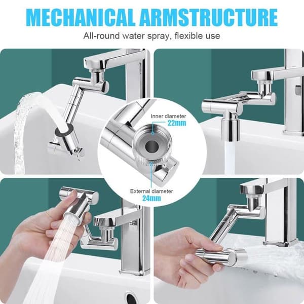 1440° kranlufter - 4 ledd 360° - 5 cm teleskoparm - Dusj-/boblemodus