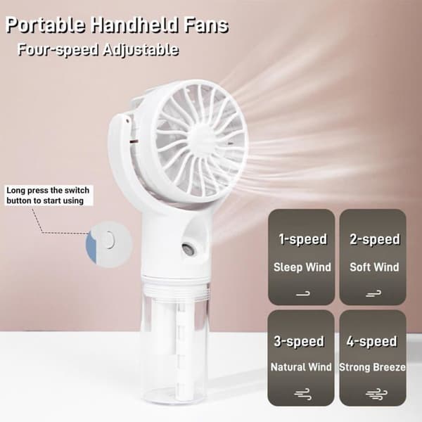 Bærbar ventilator med forstøverfunktion - Attraktivt design - Integreret forstøversystem - USB genopladelig - 4 justerbare hastigheder