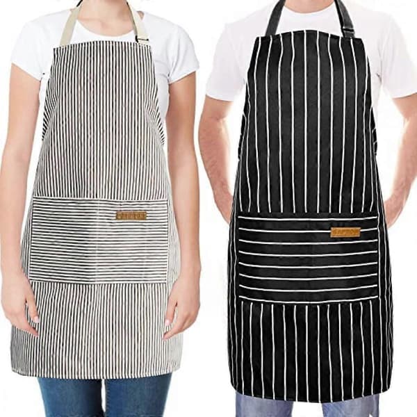 2-delt kjøkkenforklesett, egnet for kvinner og menn som lager mat, vanntett lomme-forkle - Svarte brede striper, Grå fine striper