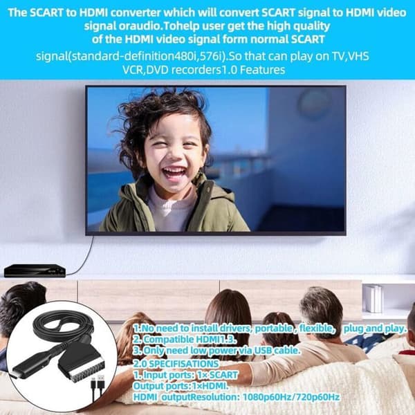 SCART til HDMI-omformer, SCART til HDMI-adapter Plug & Play RGB AV-kabel med videoutgangsadapter