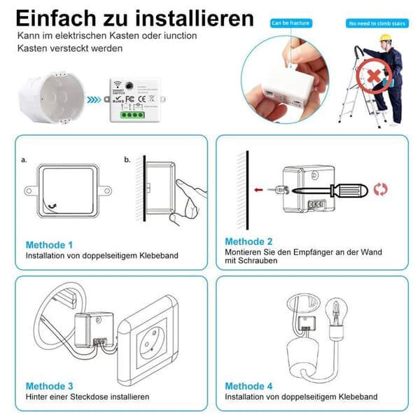 433MHz trådløs bryter - 10A/2200W sender, smart lysbryter, innfelt montering