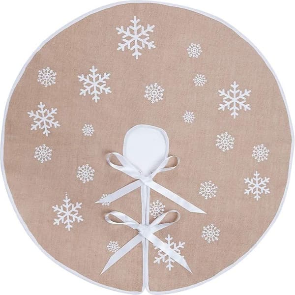 Juletræstæppe, Juletræstæppe i jute med hvide snefnug, Julepynt (Khaki, 75 cm)