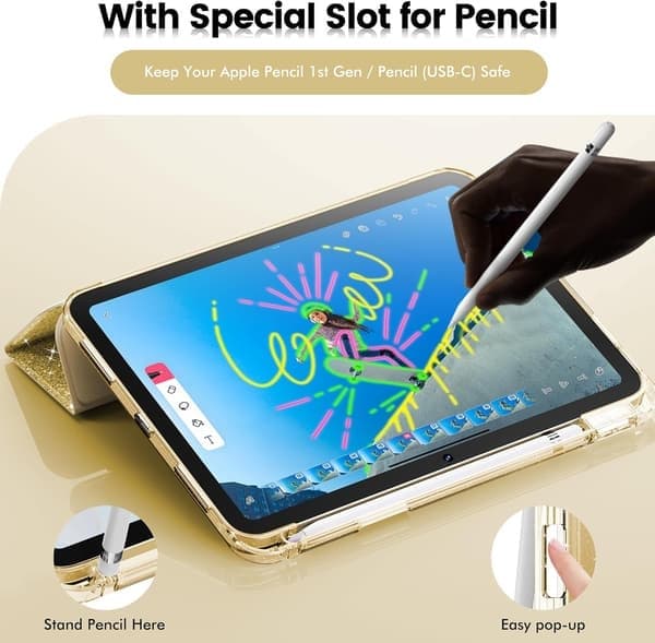 Etui til iPad A16 11. generation 11-tommer 2025, iPad 10. generation 10.9-tommer etui, blyantholder (gyldengul)