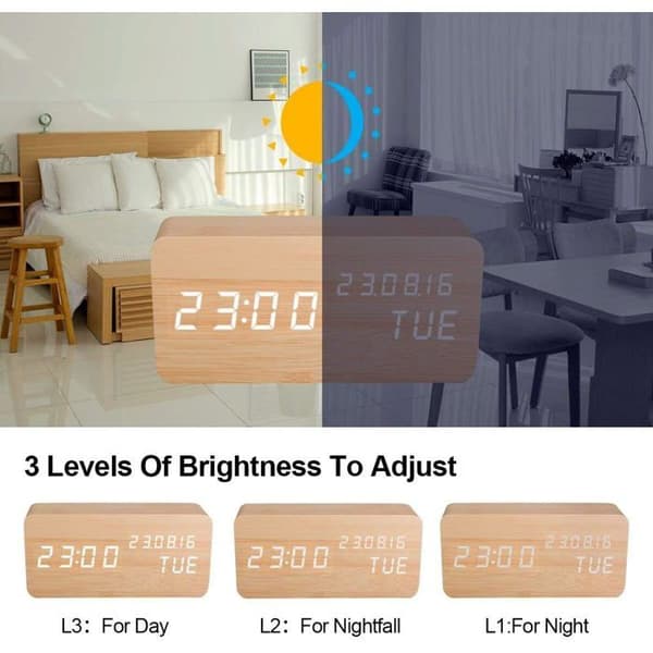 Rektangulær LED Digital Vækkeur i Træ - Stemme-/Klapaktivering - Tid/Dato/Temp/Fugtighedsvisning - USB/4xAAA