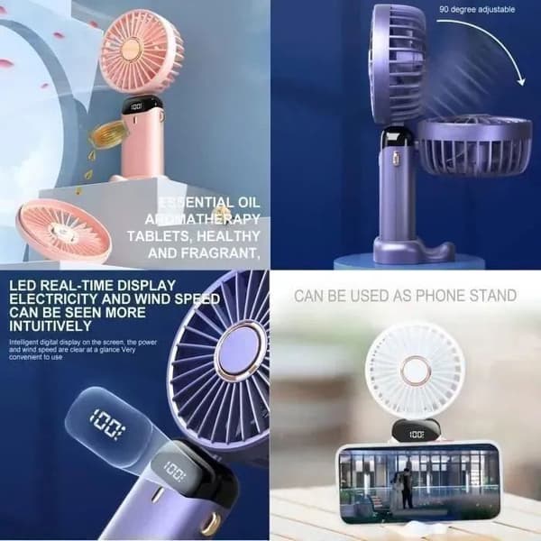 Mini bærbar ventilator - 5 hastigheder - USB genopladelig - 6500 mAh - Sammenfoldelig - Blå