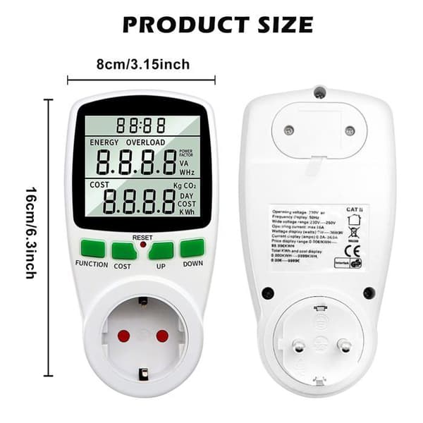 Digital plug-in wattmeter - Energimåler (kWh), spenning, strøm, frekvens, effektfaktor