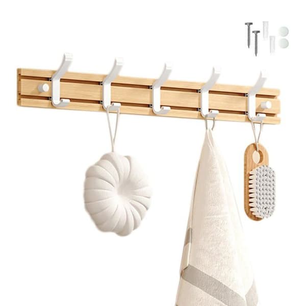 Väggmonterad klädhängare med 5 krokar - Bambu & aluminiumlegering - Vit - 50 cm