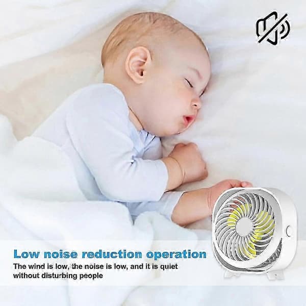 Genopladelig bordventilator, bærbar kontorventilator til studerende, kollegium, hjemme mini ventilator, lydløs. White
