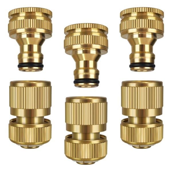 6-delt messing 2-i-1 hagekran-koblinger 1/2\"-3/4\" + 3 hurtigkoblinger 1/2\"