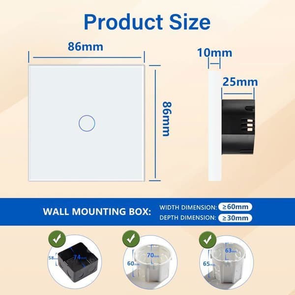 1-gängs, 1-vägs touchströmbrytare - vit, panel i härdat glas, LED-indikator, 500W