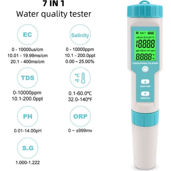 pH-måler, 7-i-1 salinitet/pH/SG/TDS/EC/ORP/temperaturmåler, vannkvalitetsmonitor for svømmebasseng, hydroponikk, drikkevann