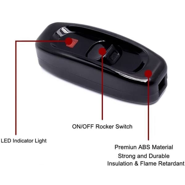 Stk. sort inline lampafbryder 250V 10A mellemafbryder med LED-indikator inline ledningsafbryder til sengelampe bordlampe elkabel..