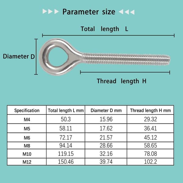 M6 304 rustfrit stål lang gevindstang ringbolt 10 STK